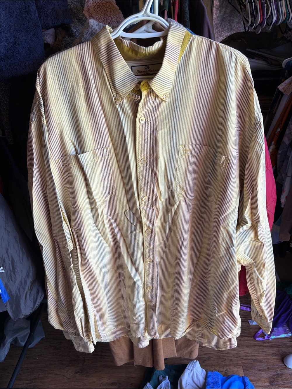 Tommy Bahama Yellow & Cream Striped Lightweight button down shirt 3XL 100%silk
